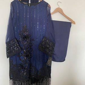 Blue organza Pakistani/Indian party wear-branded